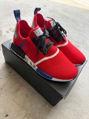 adidas Originals Red Athletic Sneakers with Black Laces and Blue Accents